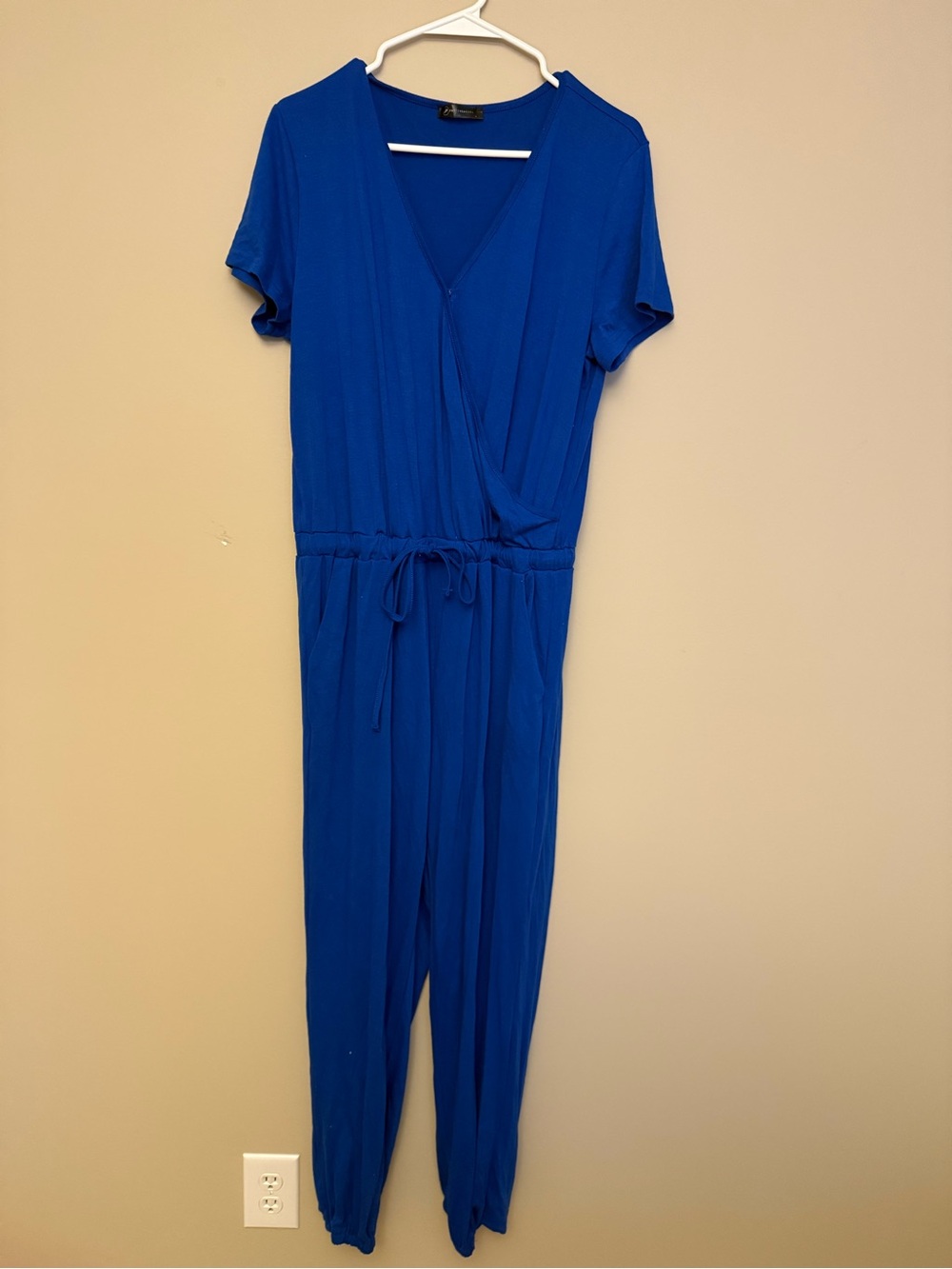Royal Blue Short-Sleeve Surplice Jumpsuit with Drawstring Waist